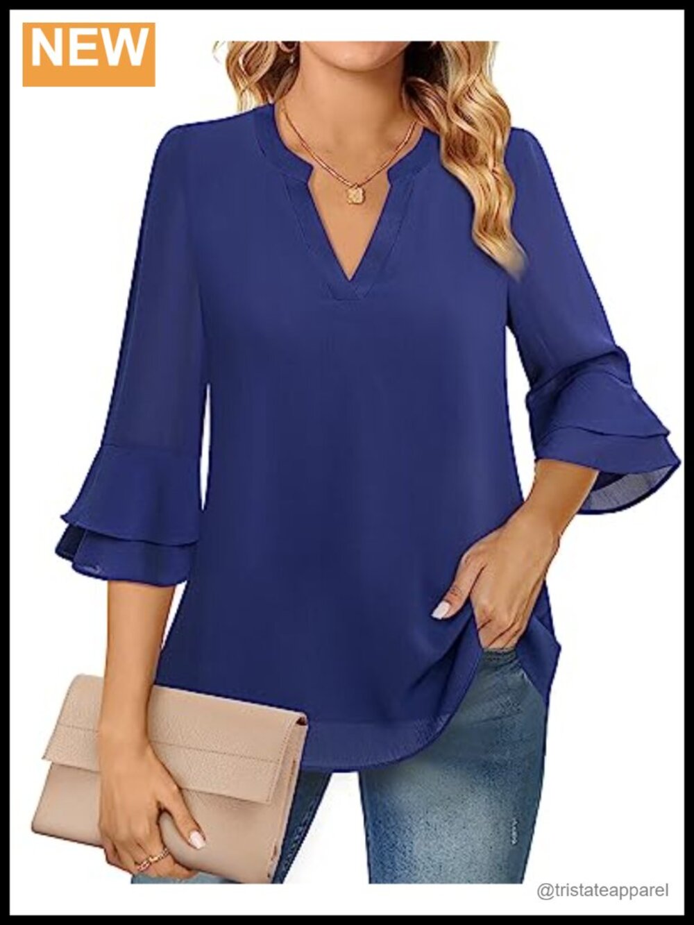Double Layer Chiffon 3/4 Ruffle Bell Sleeve Notch V-Neck Tunic